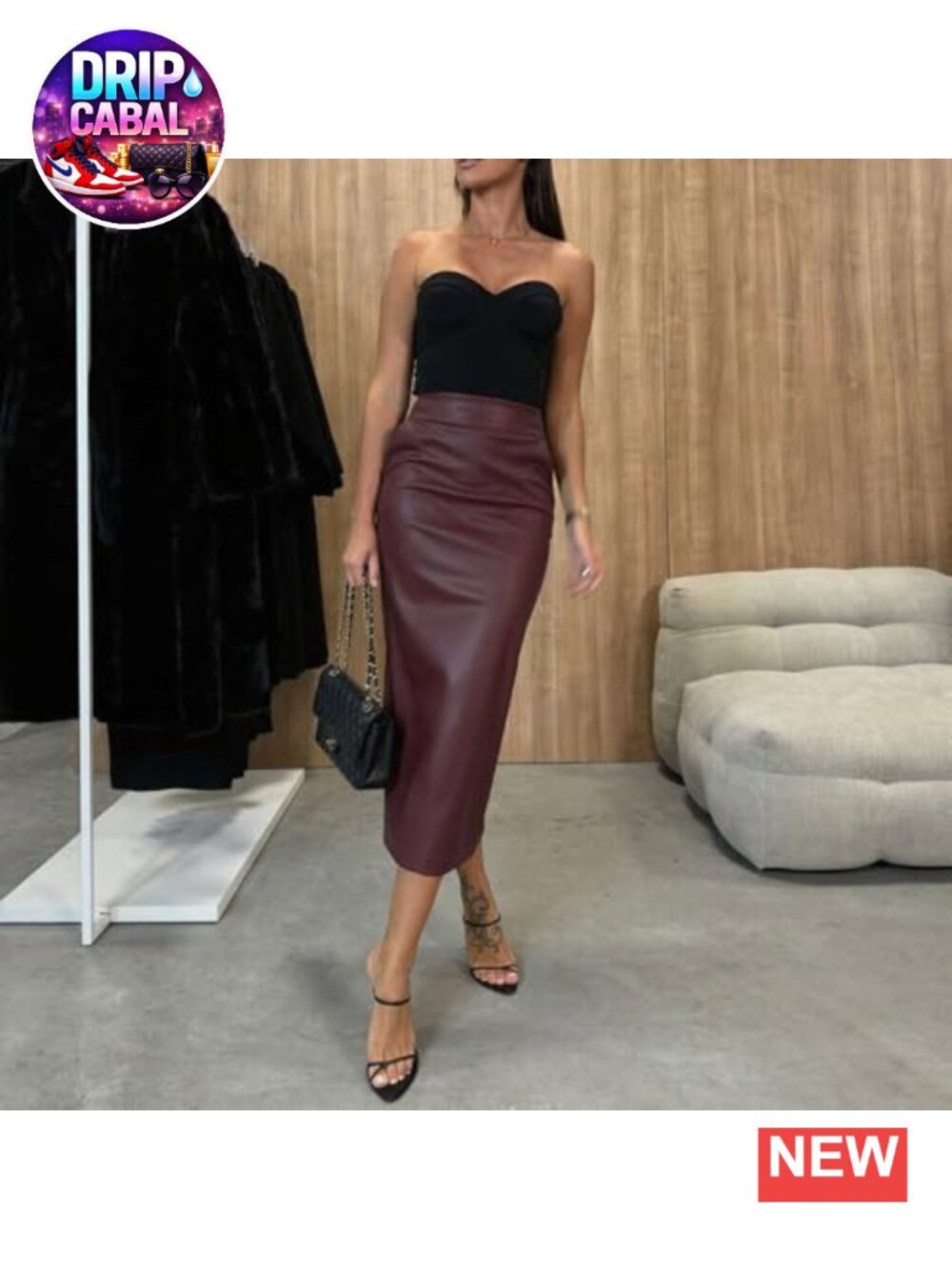 Womens Faux Leather Bodycon High Waist Slim Pencil Midi Skirt - Picture 2 of 4